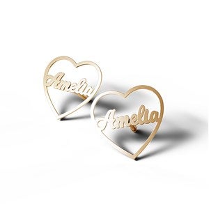 Personalized Heart Script Name Earrings - Gold Plated - 41451D-GP