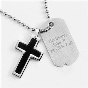Engraved Black Cross Dog Tag for Him- Vertical Text - 41848-V