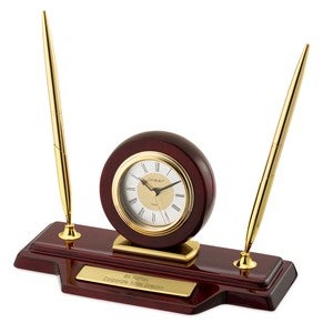 Engraved Employee Mahogany Finish Clock and Pen Stand - 42174