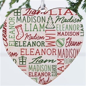 Holiday Repeating Name Personalized Heart Ornament- 4" Wood - 1 Sided - 42484-1W