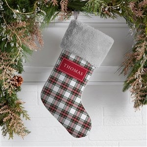 Classic Holiday Plaid Personalized Christmas Stockings - Grey Faux Fur - 42735-GF