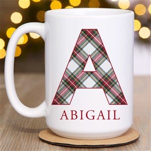 Classic Holiday Plaid Personalized Christmas Coffee Mug 15 oz.- White - 42738-L