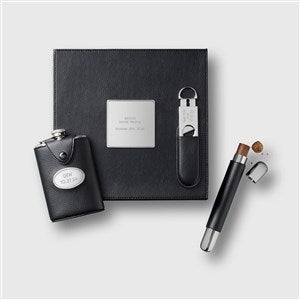 Engraved Wedding Vegan Leather Cigar and Flask Set - 42816