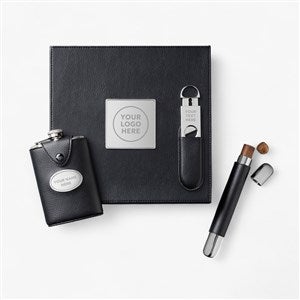 Personalized Logo Vegan Leather Cigar and Flask Set - 43887