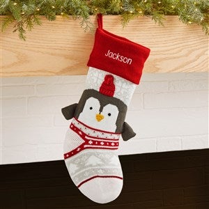Winter Penguin Character Personalized Knit Christmas Stocking - 43939-P
