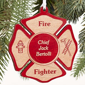 Fire Fighter Engraved Red Wood Ornament - 4436-R