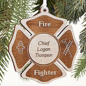 Fire Fighter Engraved Whitewash Wood Ornament - 4436-W