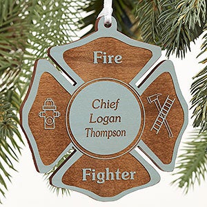 Fire Fighter Engraved Blue Wood Ornament - 4436-B