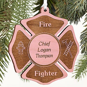 Fire Fighter Engraved Pink Wood Ornament - 4436-P