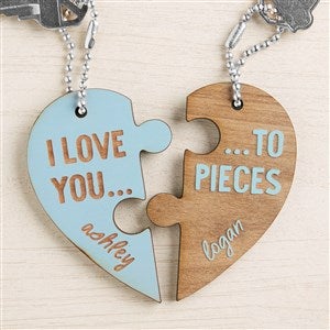 Love You to Pieces Personalized Wood Heart Keychain Set - Blue - 44397-B