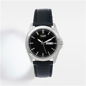 Engraved Citizen Milestone Quartz Black Leather & Silver Watch - 44986