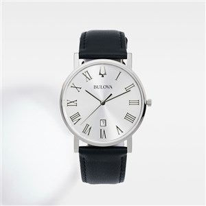 Engraved Bulova Milestone Silver and Black Leather Watch - 45001
