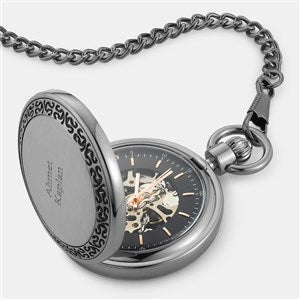 Engraved Gunmetal Skeleton Dial Pocket Watch and Box - 45927