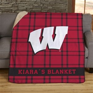NCAA Plaid Wisconsin Badgers Personalized 50x60 Sherpa Blanket - 45959-S