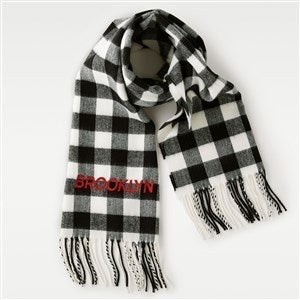 Embroidered Soft Fringe Scarf in Black and White Buffalo Plaid - 45975-BWCK