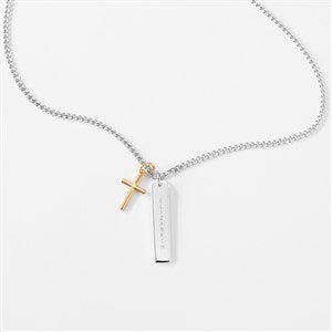 Engraved Two Tone Sterling Silver Cross and Bar Necklace - Vertical - 46119-V