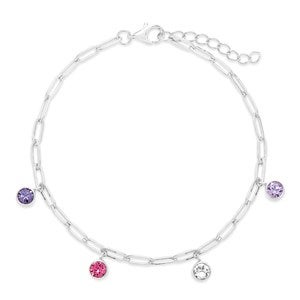 Silver Paperclip Chain Birthstone Charm Bracelet - Four Stone - 46140D-4SS