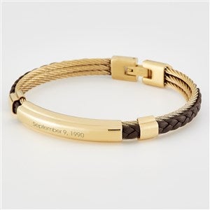 Engraved Brown Leather and Golden ID Bracelet - 46183