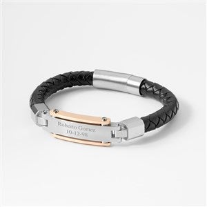 Engraved Black Leather with Rose Gold Accent ID Bracelet - 46185
