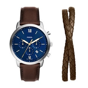 Engraved Fossil Neutra Chronograph Brown Leather and Bracelet Gift Set - 46602