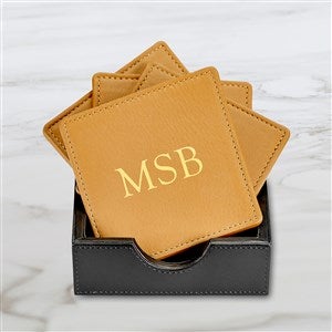 Personalized Leather Square Coaster Set-Tan - 47301D-T
