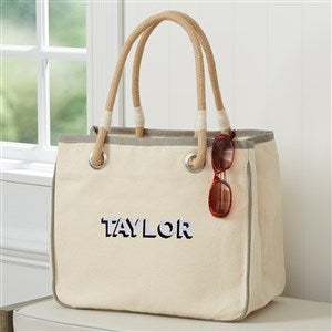 Shadow Name Embroidered Canvas Rope Tote - Grey - 47654-G