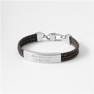 Engraved Leather Triple Cord ID Bracelet in Brown/Silver - 47726