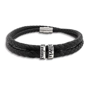 Mens Custom Name Black Leather Bracelet-2 Names - 48147D-B2