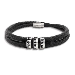 Mens Custom Name Black Leather Bracelet-3 Names - 48147D-B3