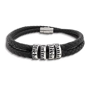 Mens Custom Name Black Leather Bracelet-4 Names - 48147D-B4