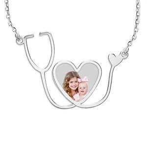 Personalized Nurse Stethoscope Heart Photo Pendant-Silver - 48690D-S