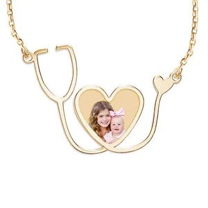Personalized Nurse Stethoscope Heart Photo Pendant - Gold - 48690D-G