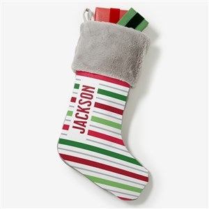 Holiday Stripes Personalized Grey Faux Fur Christmas Stockings - 48703-GF