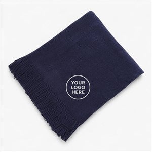 Embroidered Logo Navy Knit Fringed Throw Blanket - 49811