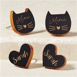 Cat  Heart Personalized Wood Stud Earrings - Black - 49894-BL