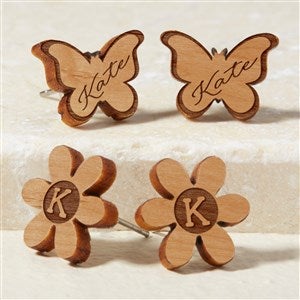 Butterfly  Flower Personalized Wood Stud Earrings - Natural - 49896-N