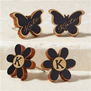 Butterfly  Flower Personalized Wood Stud Earrings - Black - 49896-BL