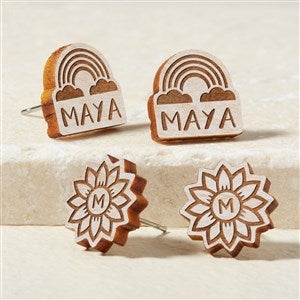 Flower  Rainbow Personalized Wood Stud Earrings - White - 49899-W