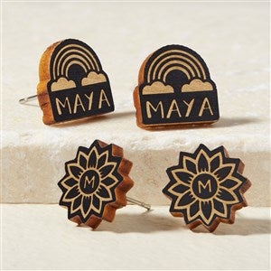Flower  Rainbow Personalized Wood Stud Earrings - Black - 49899-BL