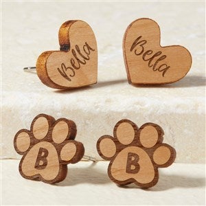 Heart  Dog Paw Personalized Wood Stud Earrings - Natural - 49901-N