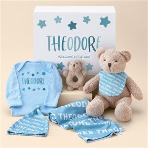 Coffret Cadeau Nouveau-né Garçon - Peignoir, Couverture Cerf, Valise Décorative Bleue