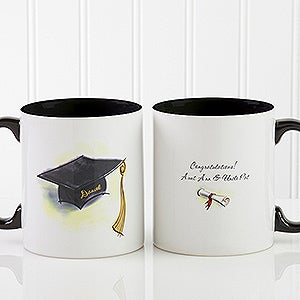 Personalized Graduation Coffee Mugs - Cap & Diploma - Black Handle - 5389-B