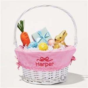 Darling Bow Embroidered White Easter Basket with Folding Handle- Light Pink - 54013-P