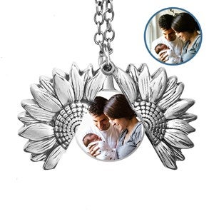 Custom Photo Sunflower Locket Necklace-Silver - 54098D-S