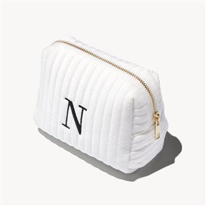 Initial Embroidered Small Velvet Makeup Bag - Ivory - 54340-SI