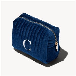 Initial Embroidered Small Velvet Makeup Bag - Navy - 54340-SN