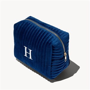 Initial Embroidered Large Velvet Makeup Bag - Navy - 54340-LN