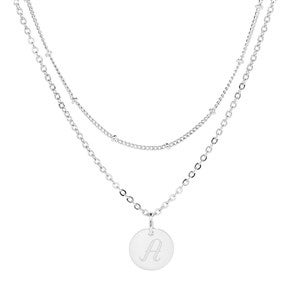Engraved Initial Round Tag Layered Necklace Set-Silver - 54719D-S