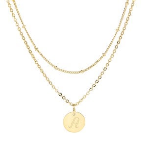 Engraved Initial Round Tag Layered Necklace Set-Gold - 54719D-G