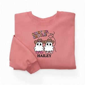 Kittenish Personalized Pinkoween Giddy Up Ghouls Crewneck in Mauve - 56399-MS